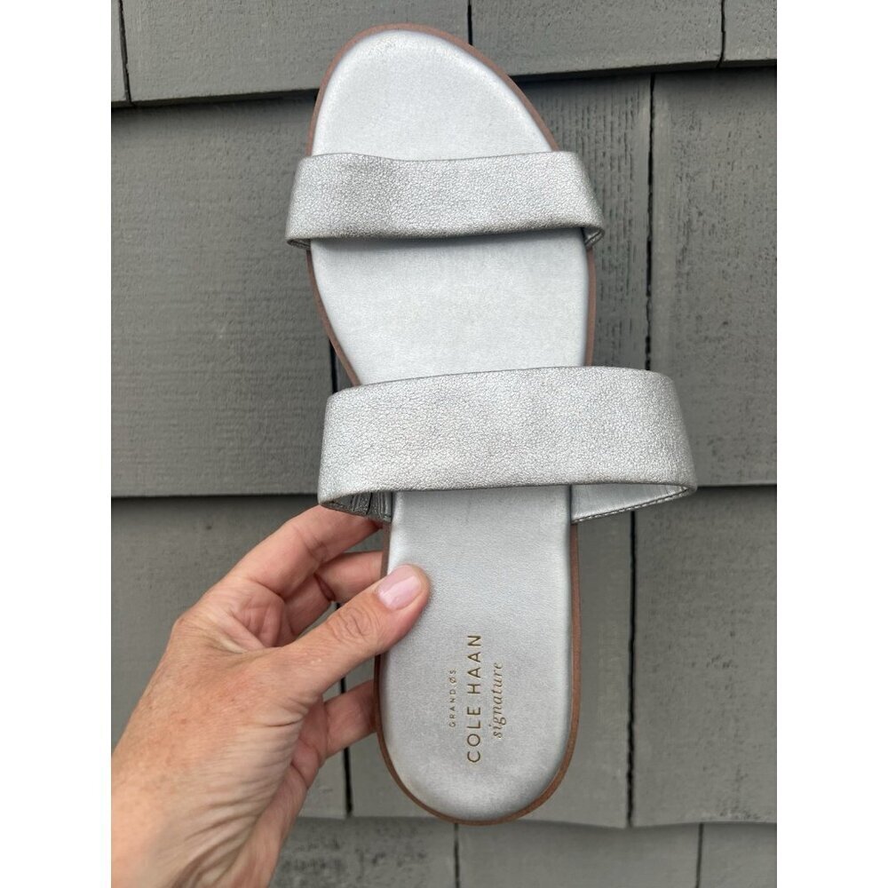 Cole Haan Findra Metallic Leather double-strap flat sandals silver 9.5 comfy